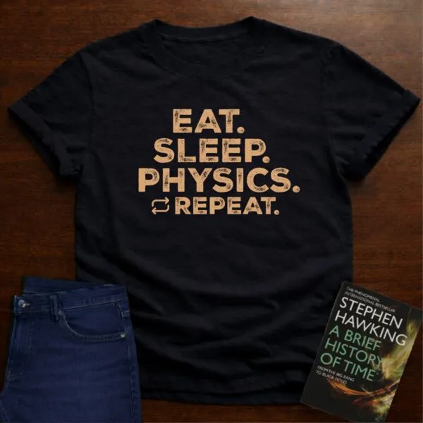 "Eat Sleep Physics" black/white Unisex Softstyle Tee in Black
