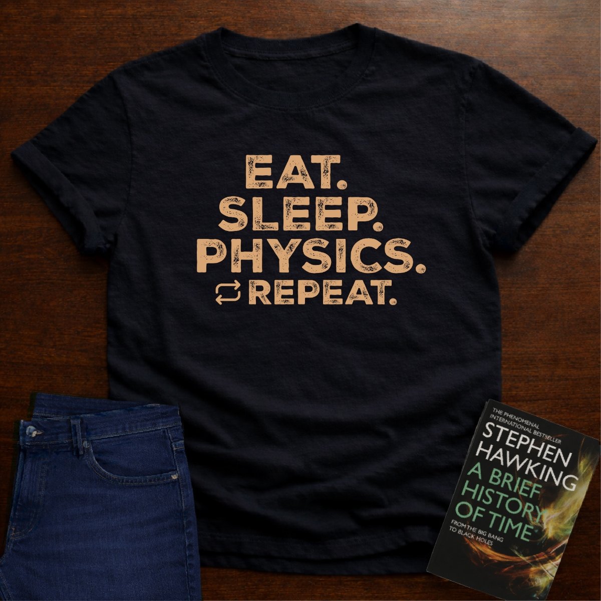 "Eat Sleep Physics" black/white Unisex Softstyle Tee – Black