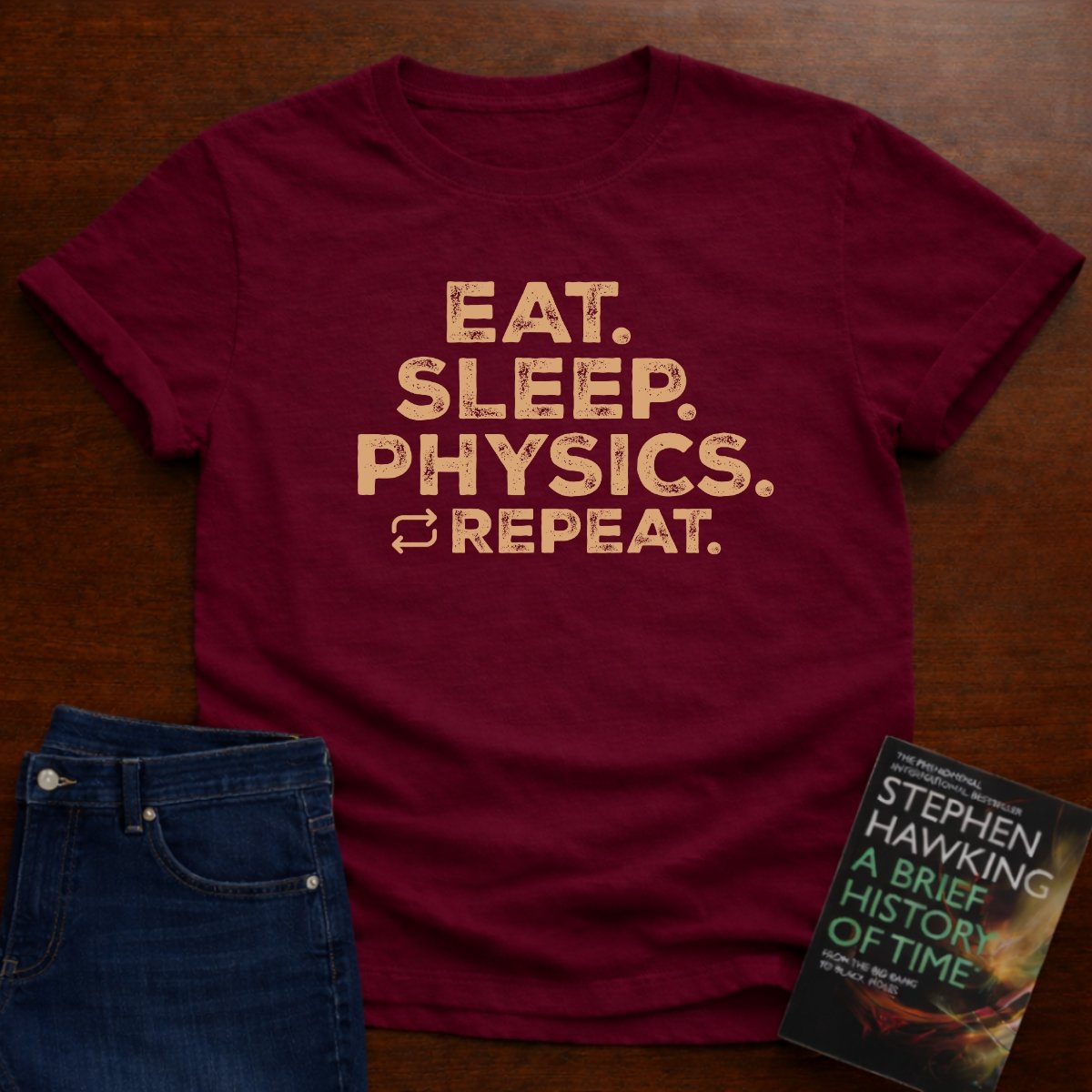 "Eat Sleep Physics" black/white Unisex Softstyle Tee – Cardinal Red