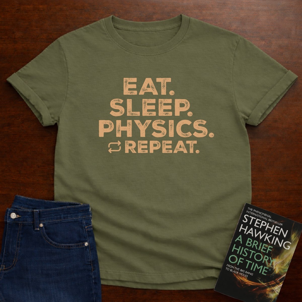 "Eat Sleep Physics" black/white Unisex Softstyle Tee – Military Green