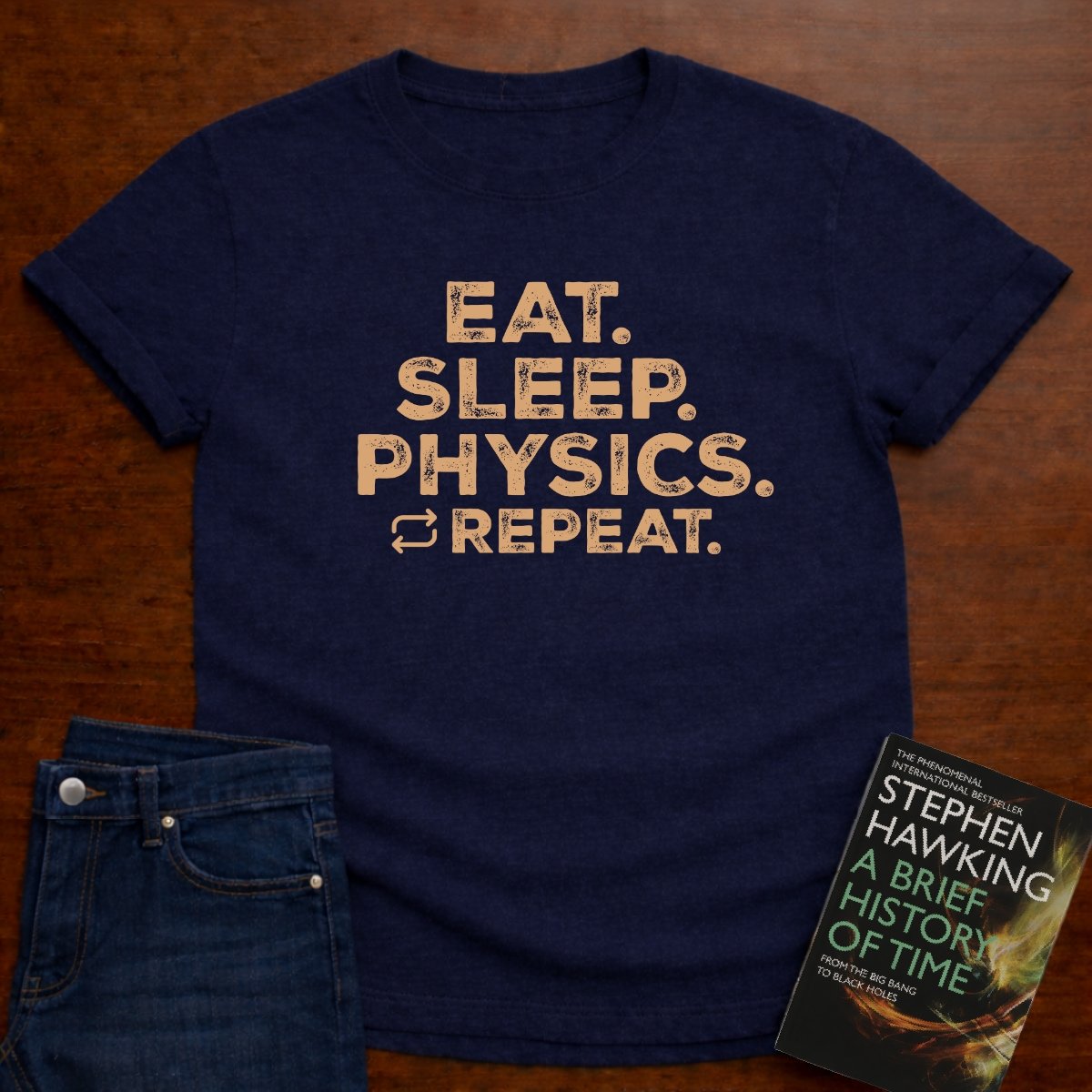 "Eat Sleep Physics" black/white Unisex Softstyle Tee – Navy