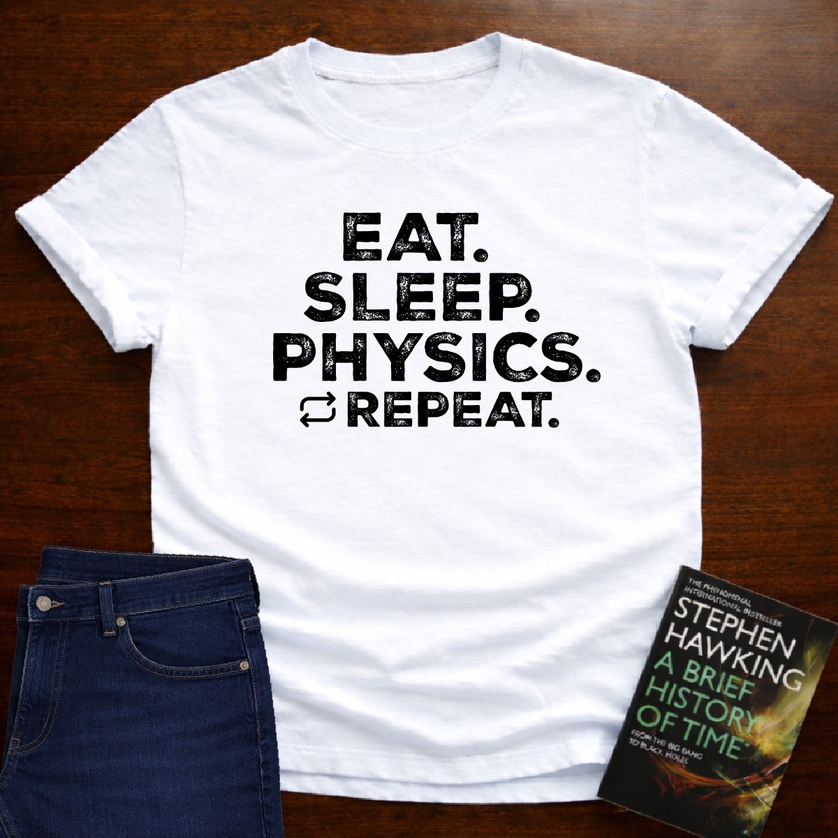 "Eat Sleep Physics" black/white Unisex Softstyle Tee – White