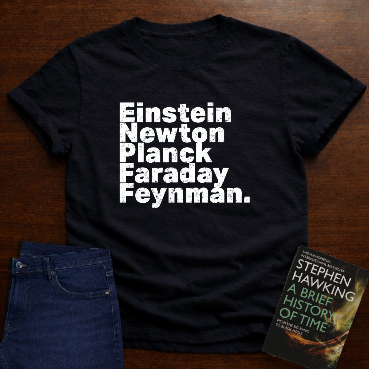 "Einstein Newton Planck" dark Unisex Softstyle Tee – Black