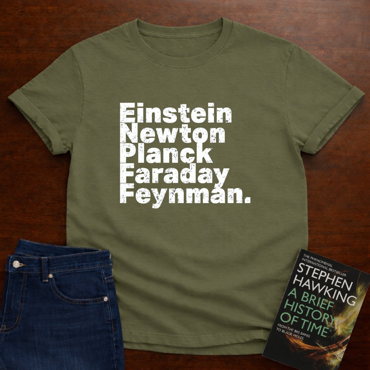 "Einstein Newton Planck" dark Unisex Softstyle Tee – Military Green