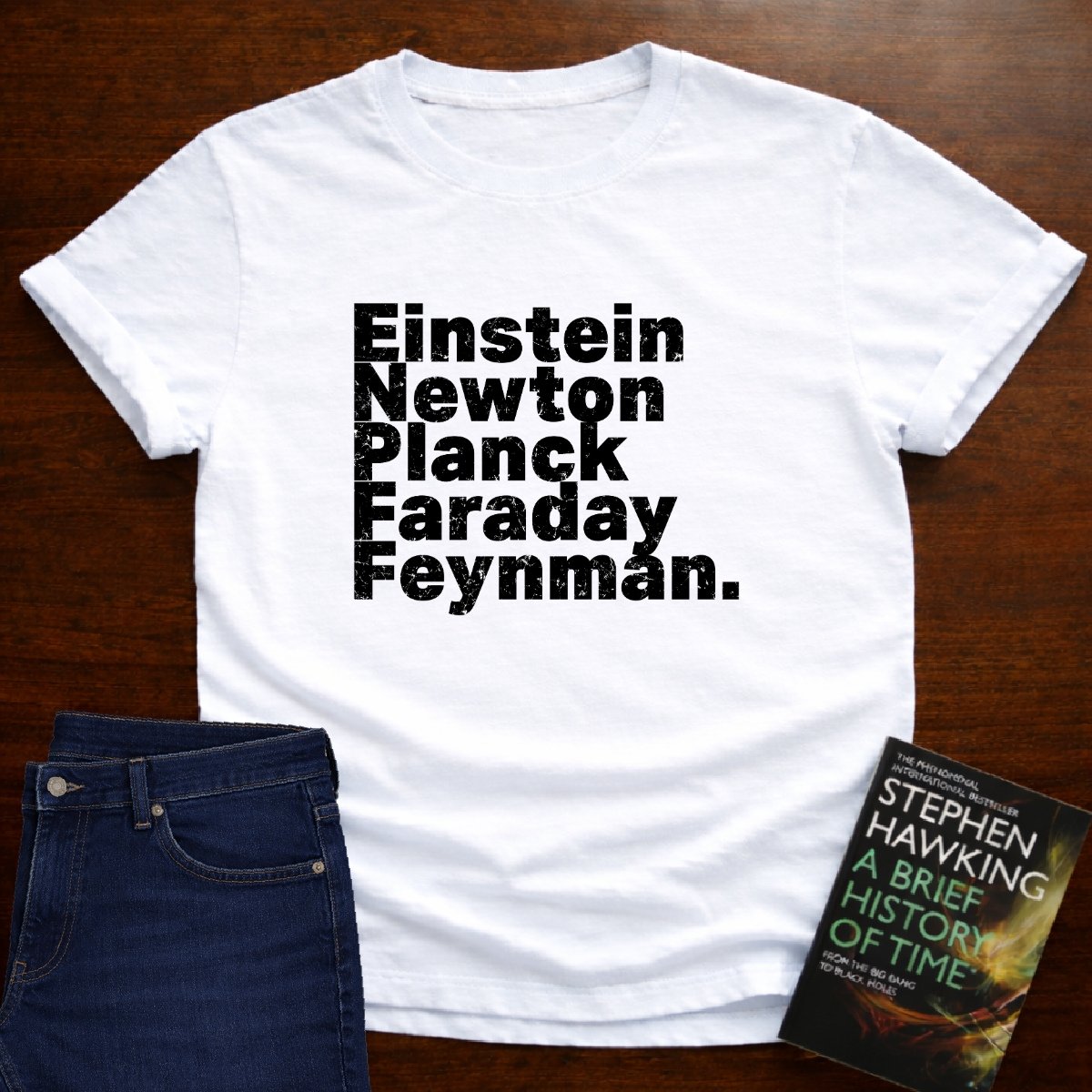 "Einstein Newton Planck" dark Unisex Softstyle Tee – White