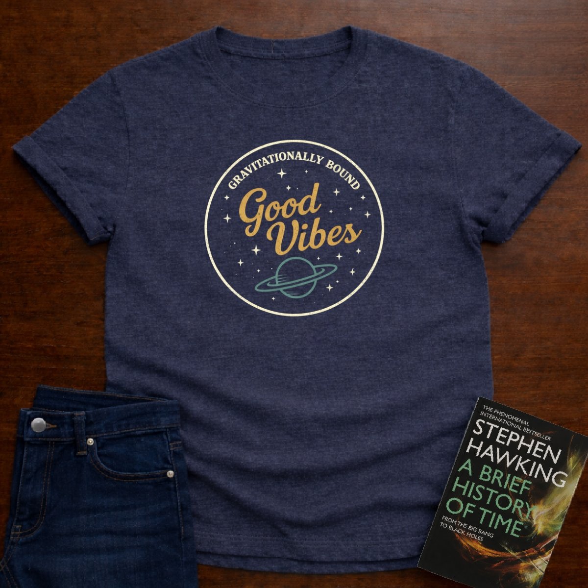 GRAVITATIONALLY BOUND GOOD VIBES T-SHIRT – Heather Navy