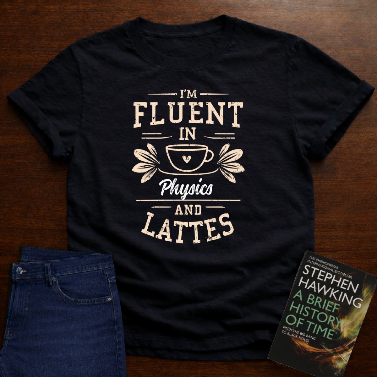 "I am Fluent in Physics and Lattes" textured Unisex Softstyle Tee – Black
