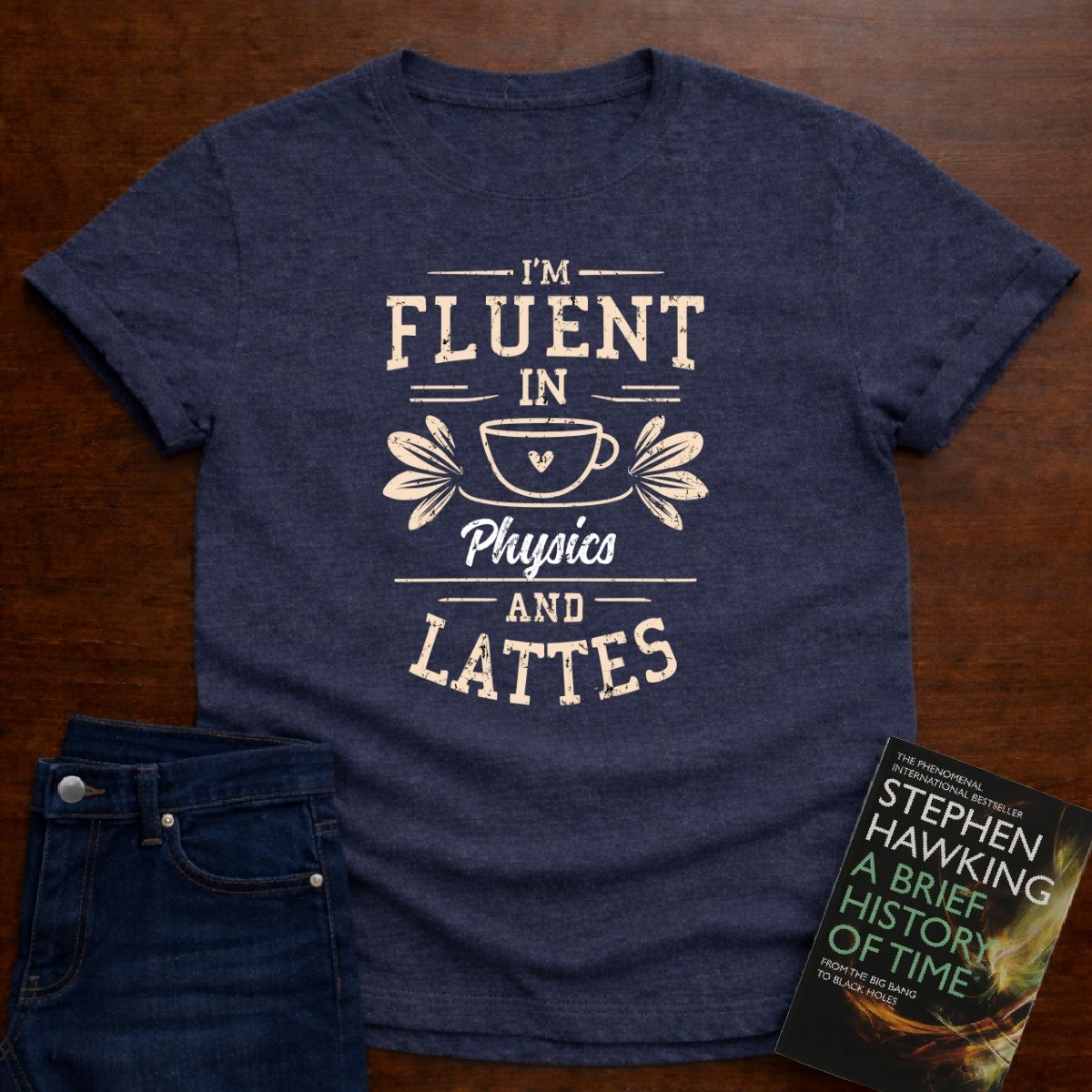 "I am Fluent in Physics and Lattes" textured Unisex Softstyle Tee – Heather Navy