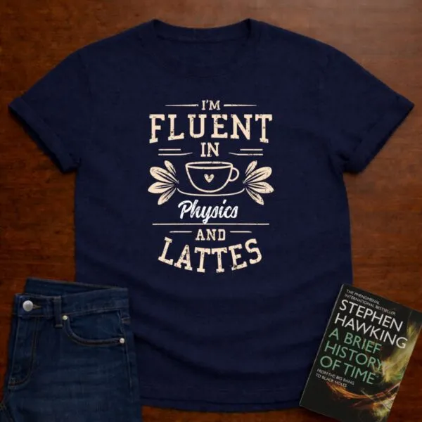 "I am Fluent in Physics and Lattes" textured Unisex Softstyle Tee in Navy