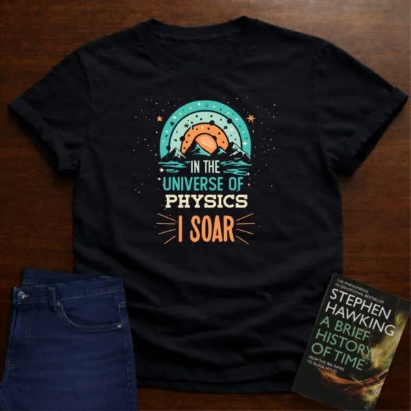 " In the Universe of Physics, I soar" Unisex Softstyle Tee in Black