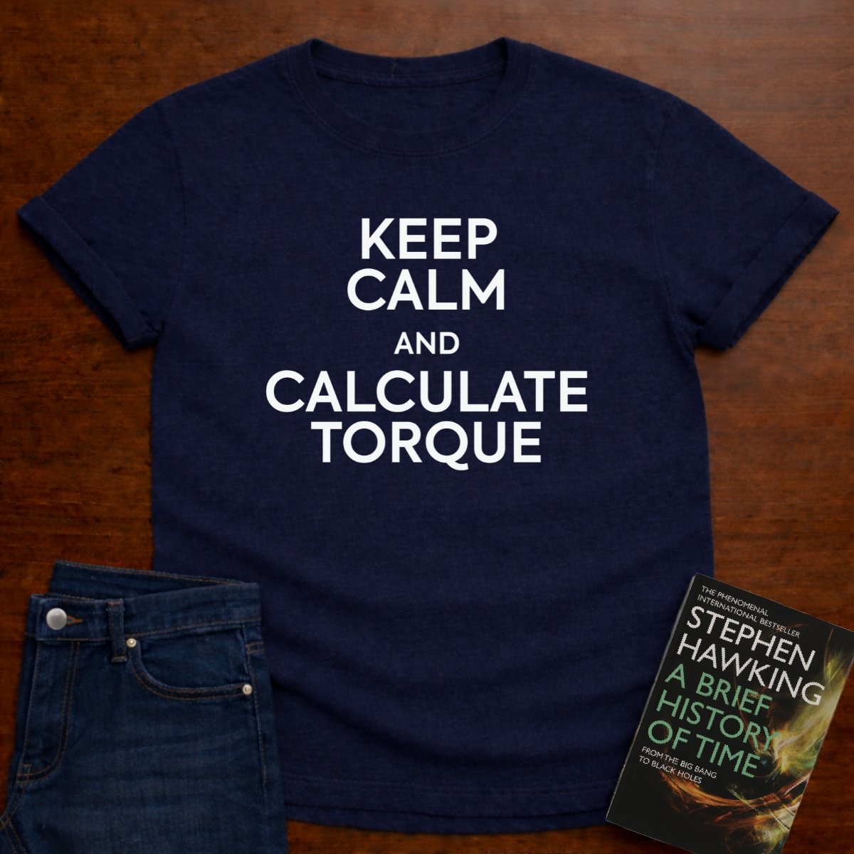 "Keep Calm and Calculate Torque" - The Ultimate Tee for Physics Lovers 🧪⚡ – Navy