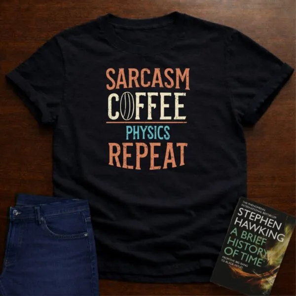 " Sarcasm Coffee Physics Repeat" Unisex Softstyle Tee in Black
