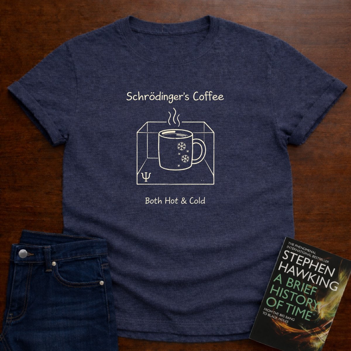 SCHRDINGER'S COFFEE: BOTH HOT COLD. T-SHIRT – Heather Navy