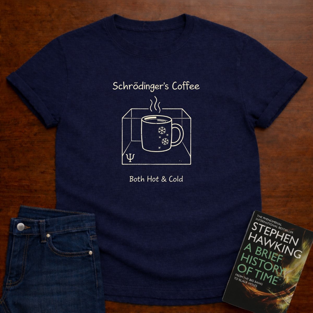 SCHRDINGER'S COFFEE: BOTH HOT COLD. T-SHIRT – Navy