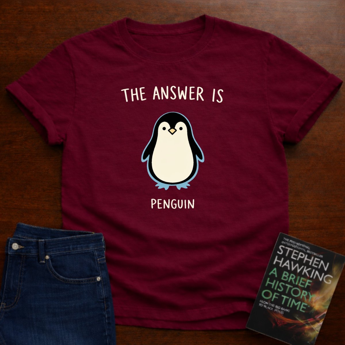 THE ANSWER IS PENGUIN. T-SHIRT – Cardinal Red