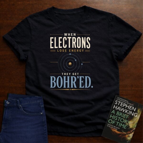 WHEN ELECTRONS LOSE ENERGY THEY GET BOHR’ED. T-SHIRT – Black